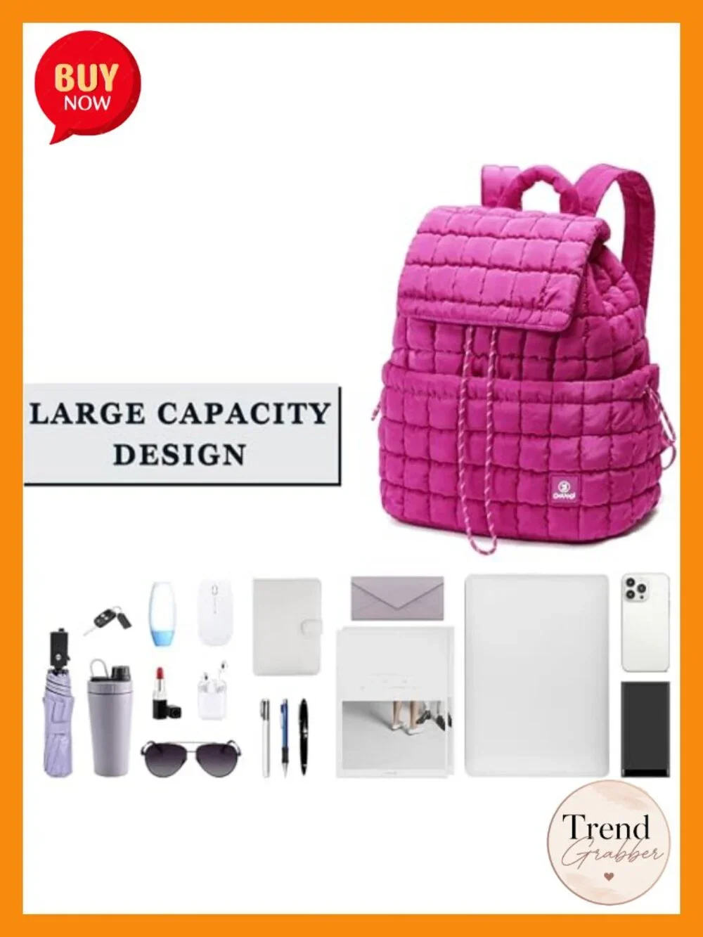 Quilted Backpack for Women, Lightweight Nylon Travel Gym Bag, Drawstring Puffer